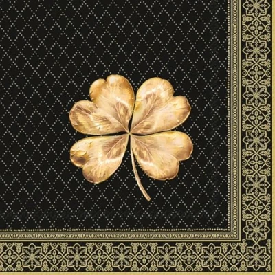 Imagen de 20 Servilletas de papel con diseño trébol dorado sobre negro como decoración mesa. diseño. También para decoupage y (33 x 33 cm)