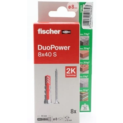Imagen de fischer Duopower 8x40 Con Tornillo 8U, Tacos para pared multimaterial, sirven Colgar Bicicletas, Cuadros, Armarios, Soportes de Televisión, Estanterías, Muebles.