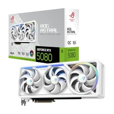 Imagen de ASUS ROG Astral GeForce RTX 5080 White OC Edition, Tarjeta gráfica Gaming, PCIe 5.0, 16GB GDDR7, HDMI/DP 2.1, 3.8 Ranuras, 4 Ventiladores Axial Tech, Almohadilla térmica de Cambio Fase