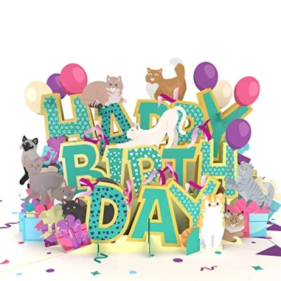Imagen de MOKIO® Tarjeta de Cumpleaños Pop Up Happy Birthday Gatos felicitación 3D para un cumpleaños, como vale o regalos dinero, Gato regalo emergente con sobre