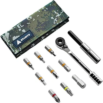 Imagen de Granite Rocknroll Kit de Herramientas Mini Ratchet para Bicicleta con 9 Puntas Herramienta, Barra Extensión (Camuflaje Verde)