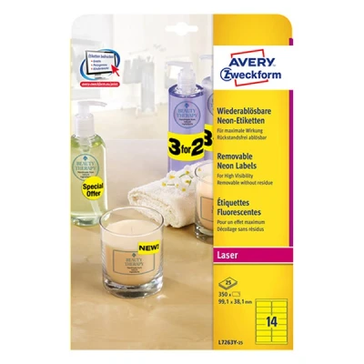 Imagen de Avery Neon Labels Paquete de 350 etiquetas despegables (99.1 x 38.1 mm), amarillo