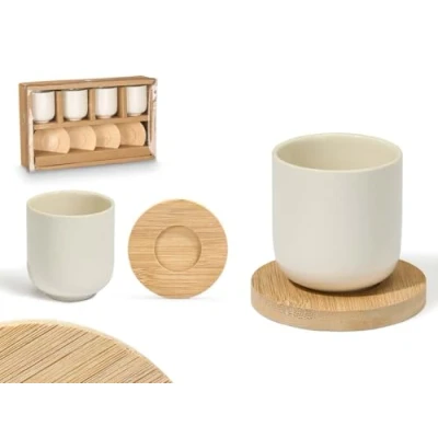 Imagen de Juego de 4 tazas café expreso cerámica 95 ml, color blanco, con posavasos bambú, ideal para expreso, moca y ristretto