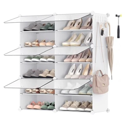Imagen de SONGMICS Mueble Zapatero Plástico, 6 Compartimentos, Modular, Estantería Modular de 30 x 40 cm Cada Cubo, con Puerta, Marco Acero, Panele Blanco LPC033W01