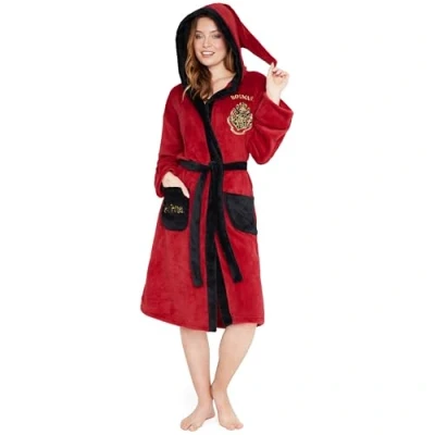 Imagen de Harry Potter Bata Polar con Capucha, Bolsillos y Cintura Lazo para Mujer (Rojo/Negro, XL)