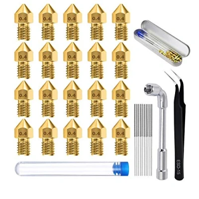 Imagen de 20 boquillas extrusoras de 0,4 mm 3D para impresora MK8, con 10 agujas limpieza (0,35 mm) + 1 llave pinza codo, MK8 Makerbot / Creality CR Ender 3/5