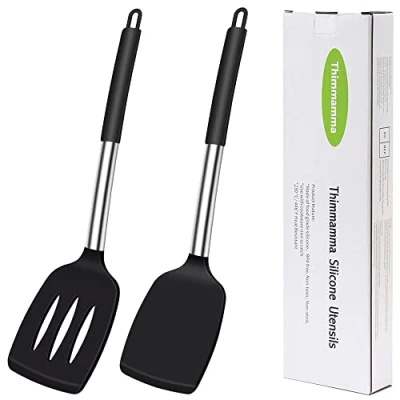 Imagen de espátula de silicona, resistente al calor, ranurada, cocina, sin BPA, apta para lavavajillas, color negro, utensilios Turner, antiadherente cocinar