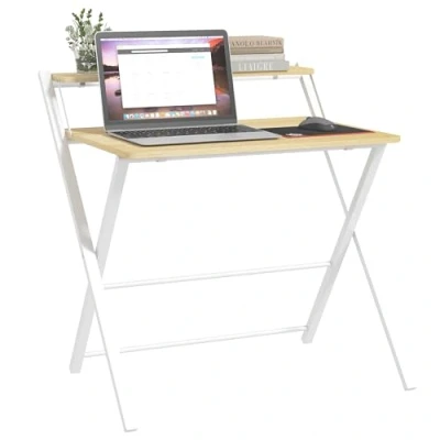 Imagen de HOMCOM Mesa de Escritorio Plegable Estudio con Estante Superior Estilo Moderno para Sala Oficina Dormitorio 81,5x70x84 cm Natural y Blanco