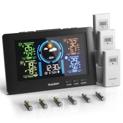 Imagen de Estación meteorológica Raddy WF 80C con 3 sensores exteriores Pantalla digital en color de 7,5&#039;&#039;, Termómetro Higrómetro Barómetro, Radio Reloj DCF, Pronóstico del tiempo, Retroiluminación ajustable