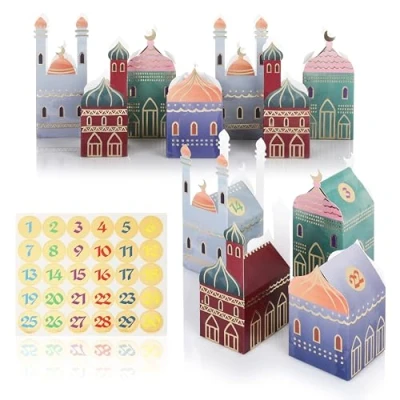 Imagen de CraftWerk Cajas de calendario Ramadán 30 casas coloridas con pegatinas para colocar y decorar regalo reutilizables Eid Mubarak bolsas rellenar niños