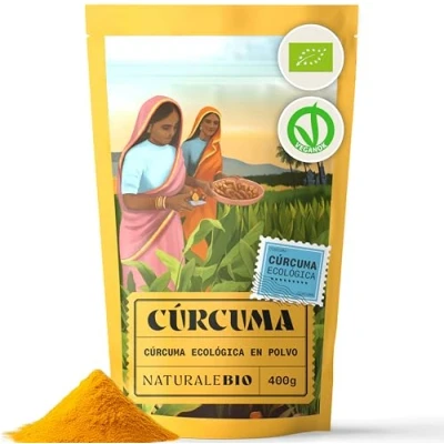 Imagen de NaturaleBio Cúrcuma Ecológica en Polvo 400g Raíz de 100% Pura Molida Sin OGM, Aditivos, Cultivada Forma Sostenible India Rica Curcumina, Perfecta para Cocinar e Infusiones