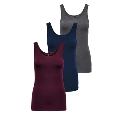 Imagen de ONLY Onllive Love Tank Noos Camiseta para mujer, Pack de 3 (Dark Grey Melange, Pageant Blue, Port Royale), S
