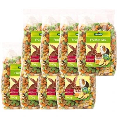 Imagen de Dehner Alimento para roedores Rico en vitaminas, minerales, Conejos y roedores, Mezcla de Frutas con nueces, 8 x 200 g (1,6 kg)