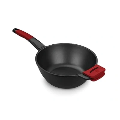 Imagen de BRA Premiere Wok 28 cm, Aluminio Fundido, Tricapa con Revestimiento Antiadherente reforzado sin PFOA, apto para todo tipo de Cocinas incluida Inducción, color Rojo