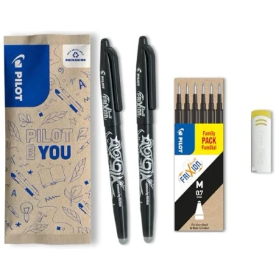 Imagen de Pilot Frixion Ball Bolígrafos roller de tinta borrable con termosensible, recargables, plástico reciclado. Negro (2 bolígrafos, 6 minas, 1 goma), punta mediana. Bolígrafo mágico