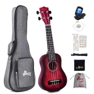 Imagen de Winzz Ukelele Soprano para Niños Kit Principiantes con 8 Accesorios, Diseño de Color Único 21 Pulgadas Rojo