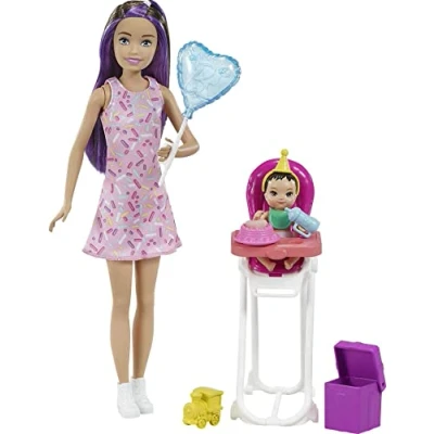 Imagen de Barbie Skipper Niñera Morena Muñeca con Carrito de bebé y niño, Juguete 7 Accesorios, Regalo +3 años (Mattel HHB68)