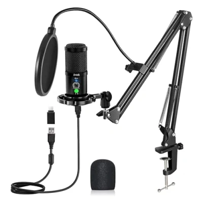 Imagen de Aveek Micrófono USB Condensador, Juegos de Micrófonos Podcasts con Soporte Micrófono, Amortiguador, Parabrisas y Filtro Pop para Grabadora, Estudio, Transmisión, Youtube Video