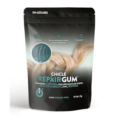 Imagen de WUGUM Chicle Repair Funcional para el cuidado capilar Repara y da volumen vitalidad Frena la caída del cabello Sabor a Manzana Verde Max 3 chicles al día Contiene 10
