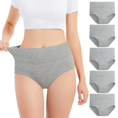 Imagen de Falechay Bragas Mujer Algodón Cintura Alta Pack de 5 Gris,L