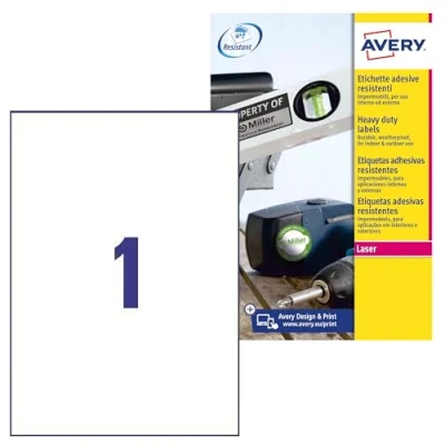 Imagen de Paquete 8 hojas etiquetas de poliéster blanco impresoras láser 210x297 mm avery l4775
