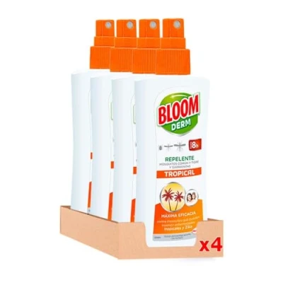 Imagen de Bloom Derm loción Tropical (4 x 100 ml), antimosquitos contra mosquitos (incluido el mosquito tigre) y garrapatas, repelente de transmisores enfermedades tropicales