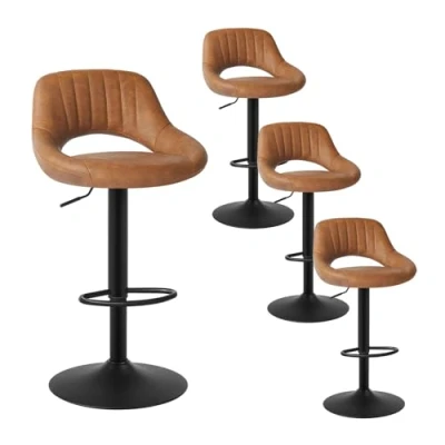 Imagen de EUGAD 0667BY 4 Taburete de Bar con Respaldo Cuero Sintético Diseño Juego Bistro Giratorio 360 Ajustable Altura Marrón
