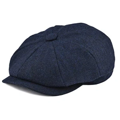 Imagen de BOTVELA Sombrero de tweed con patrón espina espiga 8 piezas mezcla lana para hombre, azul marino, 7 1/8