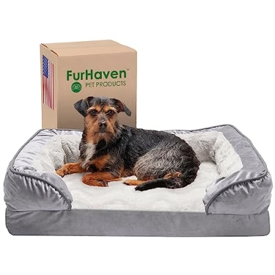 Imagen de Furhaven Medium Memory Foam Dog Bed Comfort Plush &amp; Velvet Waves Sofa Style w/Removable Washable Cover Granite Gray,