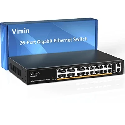 Imagen de Switch Ethernet Gigabit de 24 Puertos VIMIN con 2 ascendentes 1000 Mbps, Red no administrado 26 Que admite IEEE802.3af/at, VLAN, Carcasa Metal, Escritorio