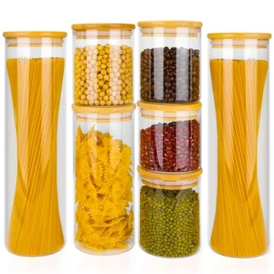 Imagen de Otauoaea Tarros de Cristal con Tapa Bambú, Juego 7 Botes Grandes, Frascos Vidrio para Cereales Espaguetis Pasta (500ml x3, 900ml x1, 1400ml x2, 400ml x1)