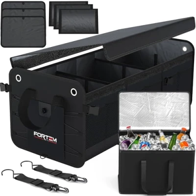 Imagen de FORTEM Organizador de Maletero Coche y SUV Caja Plegable con 3 Compartimentos Extra Grande Bolsa Nevera Base Antideslizante Cinchas Ajustables Tapa Extraíble (Negro)