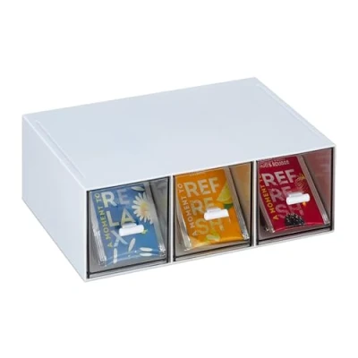 Imagen de Relaxdays Caja de Té, Organizador con 3 Compartimentos, Plástico, Vertical u Horizontal, Apilable, Blanco y Transparente, 8 x 23 17,5 cm