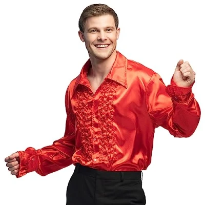 Imagen de Boland Camisa Disco con volantes, roja, para hombre, disfraz, fiesta, camisa, años 70, fiesta temática, carnaval