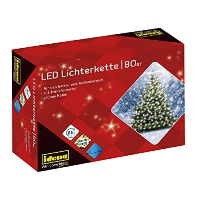 Imagen de Idena 8325058 Cadena de luces LED con 80 LEDs en blanco cálido, función temporizador 8 horas y transformador, para interior exterior, fiestas, navidad, decoración, bodas