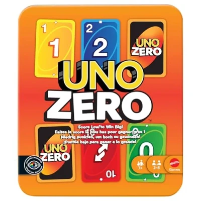 Imagen de Mattel Games UNO Zero Juego de Cartas en Lata para Almacenamiento y Transporte, niños, Adultos, Noches Familia Fiestas, Incluye baraja Tarjeta puntuación, 2 a 8 Jugadores, JLK16