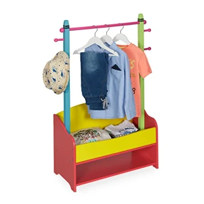 Imagen de Relaxdays Perchero Burro Infantil, Colgador de Ropa para Niños, 2 Baldas, 100,5 x 71 30 cm, Colores Pastel, Multicolor, Tablero Fibras