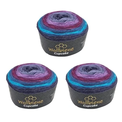Imagen de Cupcake 3 ovillos de 150 g lana para tejer, 450 gramos, tejer y hacer ganchillo, turca, degradada (lila, baya, turquesa 3210)