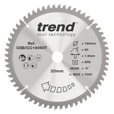 Imagen de Trend CraftPro Hoja de sierra TCT corte transversal con gancho negativo, 190 mm diámetro x 60 dientes 20 interior, punta carburo tungsteno, CSB/CC19060T