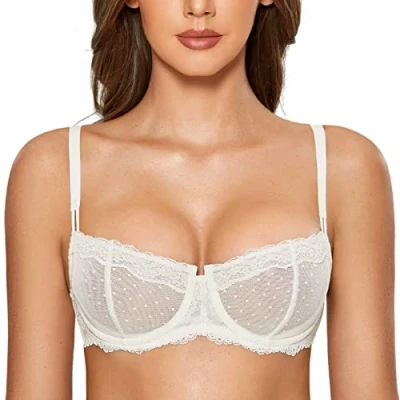 Imagen de DOBREVA Sujetador Balconette Transparente con Aros y Encaje Sexy Sin Forro para Mujer Marfil 105C