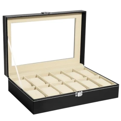 Imagen de Uten Caja de Relojes Estuche para y Joyeros con 12 Rejillas, Forro Terciopelo Hebilla Metal, Alfombrilla Reloj Extraíble, Cubierta Cristal, Regalo San Valentín