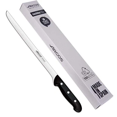 Imagen de Arcos jamonero Profesional Cuchillo Inoxidable NITRUM Mango Negro Jamon iberico Serie Maitre Hoja Flexible y Filo Liso 275 mm Acero