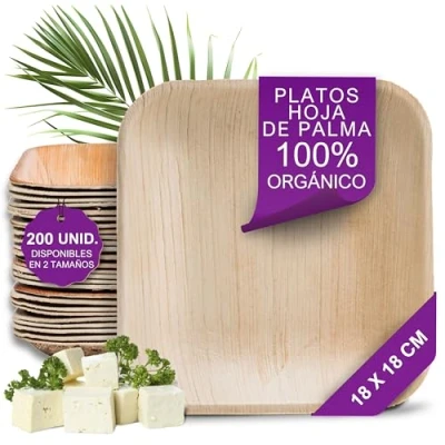 Imagen de Waipur Platos Hoja de Palma Orgánicos 200 Desechable Cuadrados 18x18 cm Vajilla Ecológica Lujo, Estable, Natural y Biodegradable Fiesta como Papel