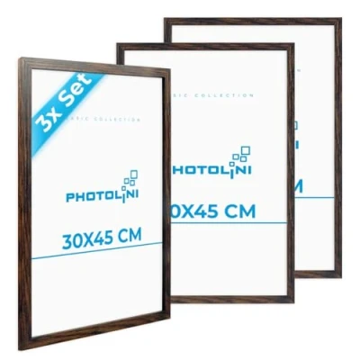 Imagen de PHOTOLINI marcos 30x45 cm madera MDF roble oscuro, set de 3 para pósteres, cristal acrílico, colgar, incluye accesorios fotos, láminas y pósteres
