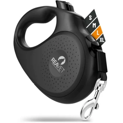 Imagen de ReaVET Correa enrollable para perros extensible, 5 m grandes (L) I Mango ergonómico y antideslizante retráctil resistente con sistema de parada freno perro