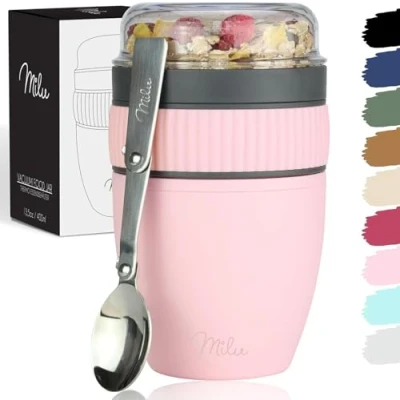 Imagen de Milu vaso de muesli para llevar 400ml I plástico yogur y hermético con cuchara yogur/gachas (rosa)