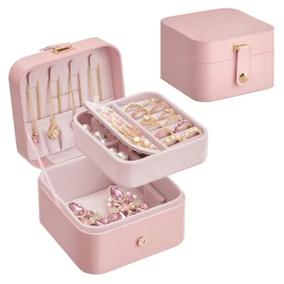 Imagen de SONGMICS Caja Joyero de Viaje, Joyas Pequeña, 2 Niveles, Portátil, para Accesorios Grandes, 11,2 x 11,8 7,2 cm, Idea Regalo, Rosa Jalea JBC185R02