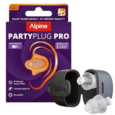 Imagen de Alpine PartyPlug Pro Tapones de Oídos Hi Fi para Conciertos, Protección Auditiva Profesional 21dB Esencial Festivales, Música &amp; Raves 3 Tamaños S/M/L Negro
