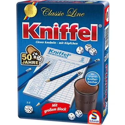 Imagen de Schmidt Spiele 49415 Kniffel in Der Classic Line, 50 años de edición Especial en Caja Metal, Multicolor, Exclusivo Amazon