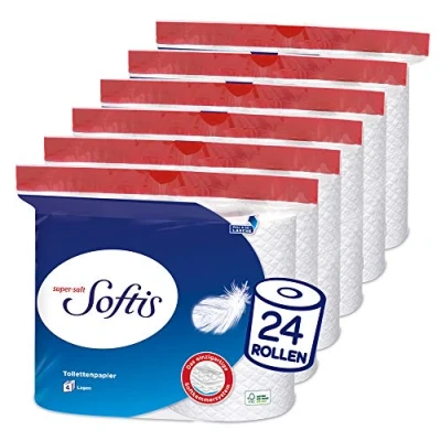 Imagen de Softis Papel higiénico de 4 capas Paquete 24 rollos (6 x paquetes individuales) 100 hojas por rollo Sistema cámara suave único Embalaje reciclable certificado FSC®